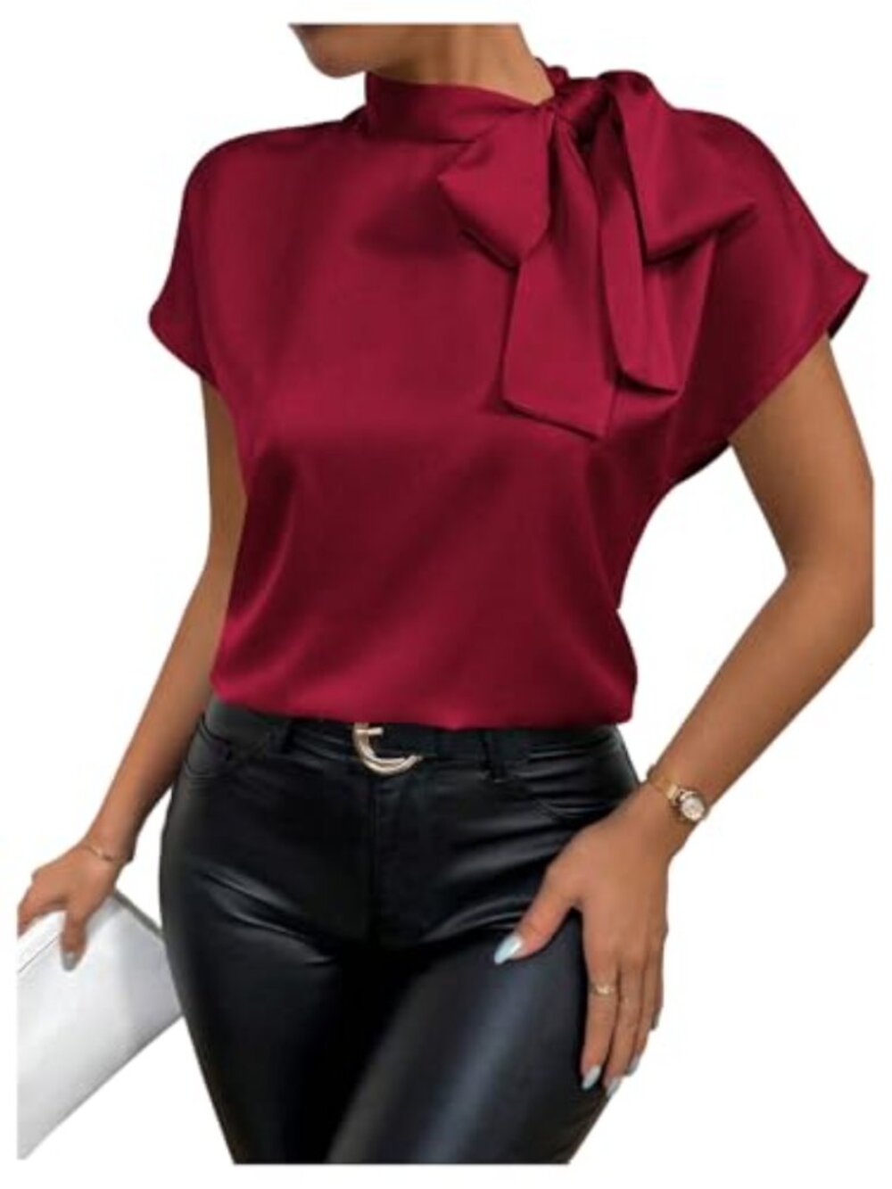 Satin Blouse with Bow Tie Mock Neck & Cap Sleeves Office Shirt